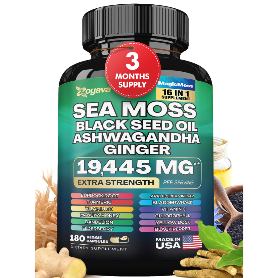 Suplemento Sea Moss 8 em 1 Capslife | Ashwagandha + Black Seed Oil + Gengibre (19445mg)