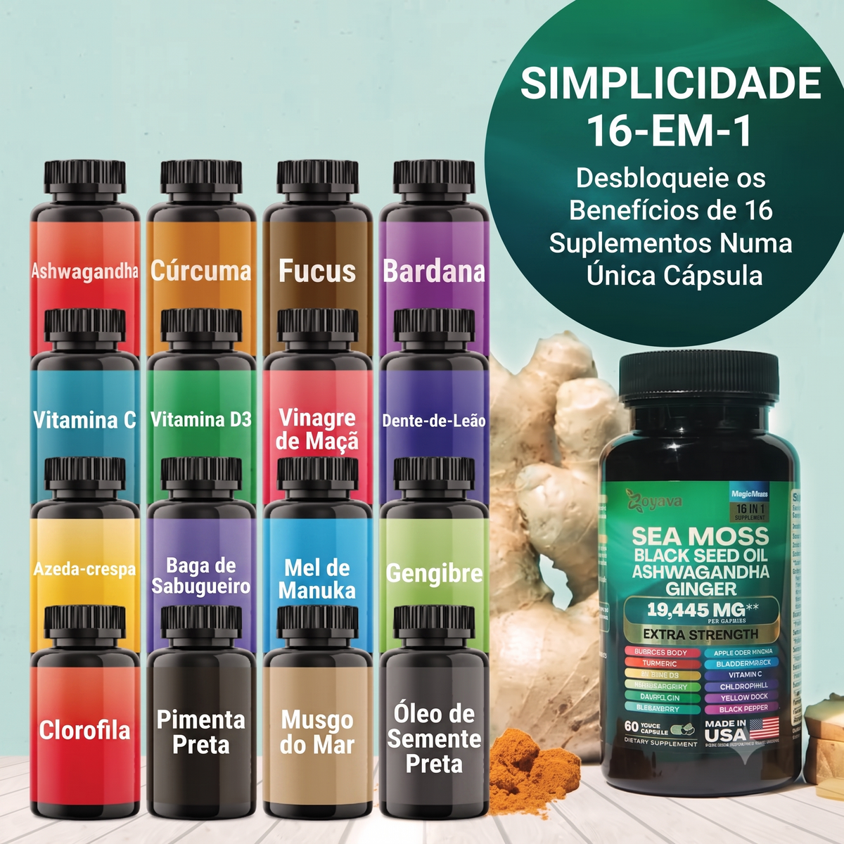 Suplemento Sea Moss 8 em 1 Capslife | Ashwagandha + Black Seed Oil + Gengibre (19445mg)