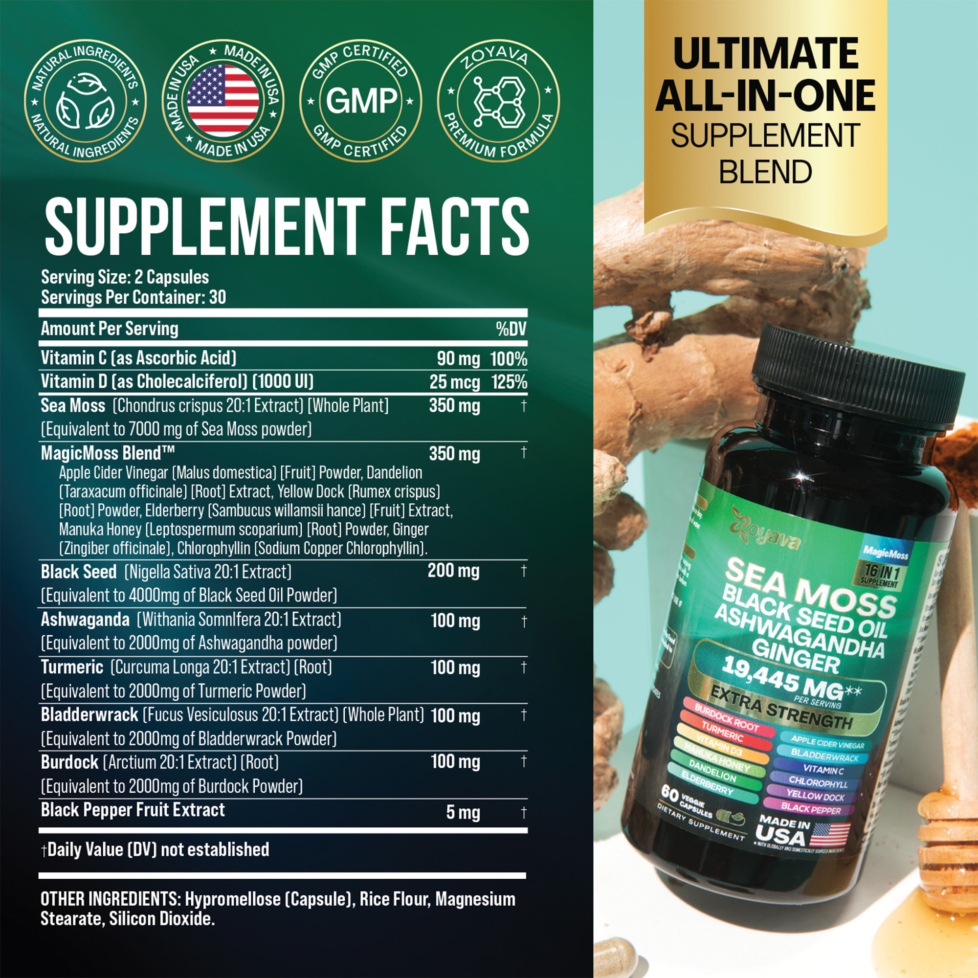 Suplemento Sea Moss 8 em 1 Capslife | Ashwagandha + Black Seed Oil + Gengibre (19445mg)