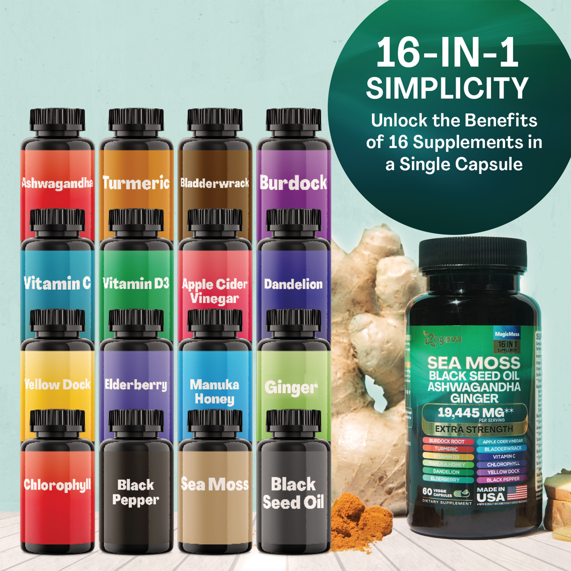 Suplemento Sea Moss 8 em 1 Capslife | Ashwagandha + Black Seed Oil + Gengibre (19445mg)