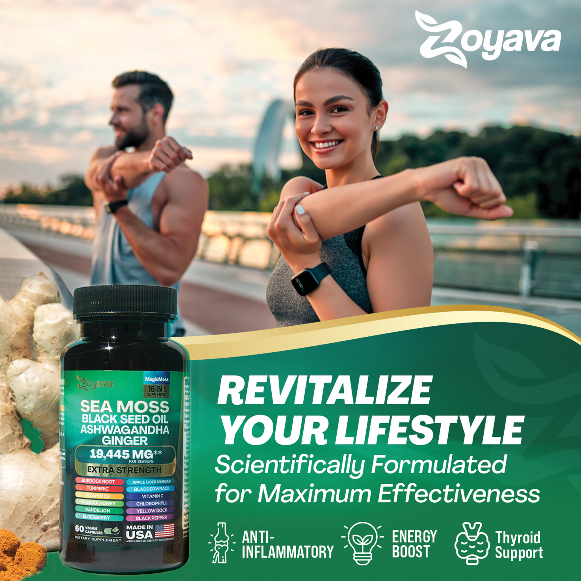 Suplemento Sea Moss 8 em 1 Capslife | Ashwagandha + Black Seed Oil + Gengibre (19445mg)