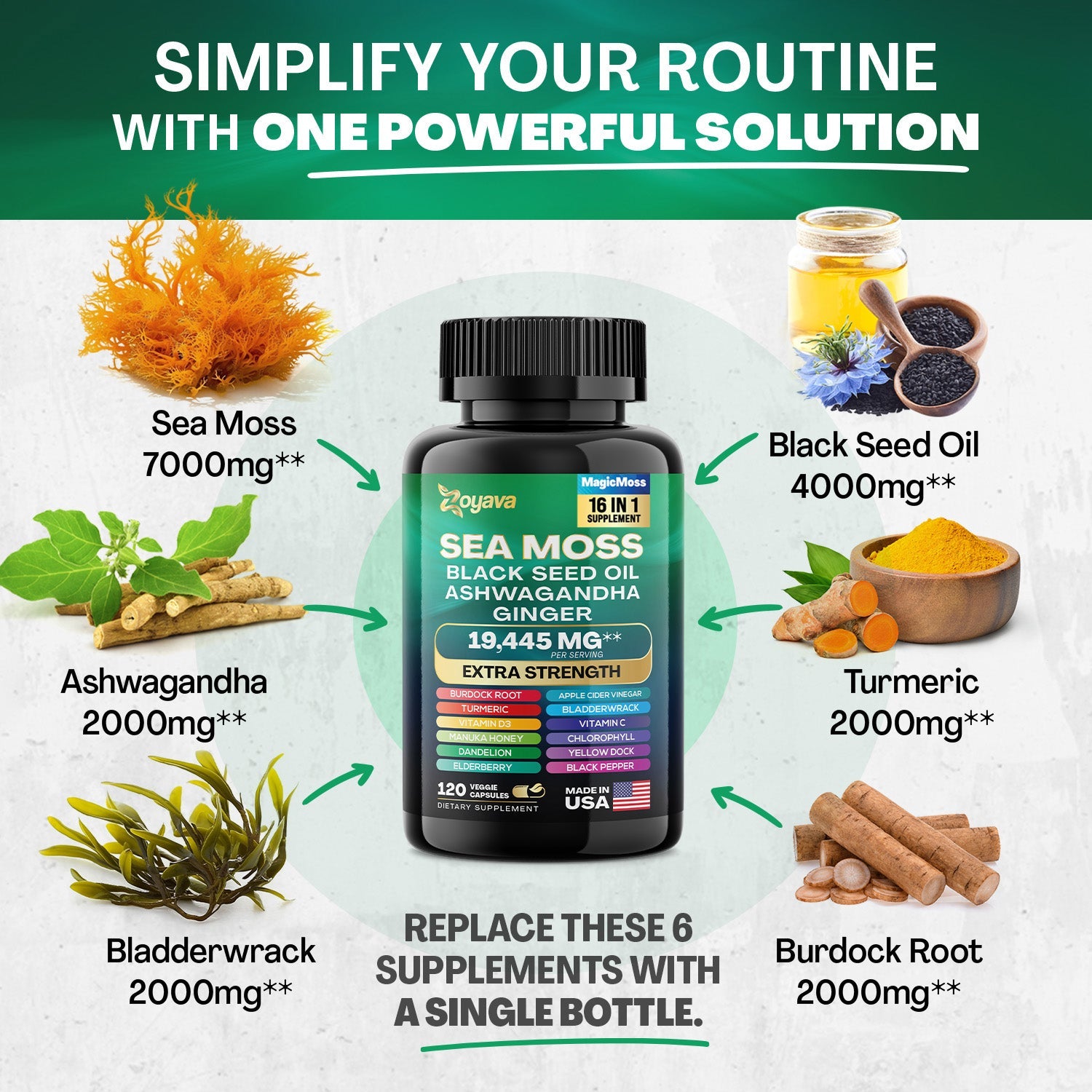 Suplemento Sea Moss 8 em 1 Capslife | Ashwagandha + Black Seed Oil + Gengibre (19445mg)