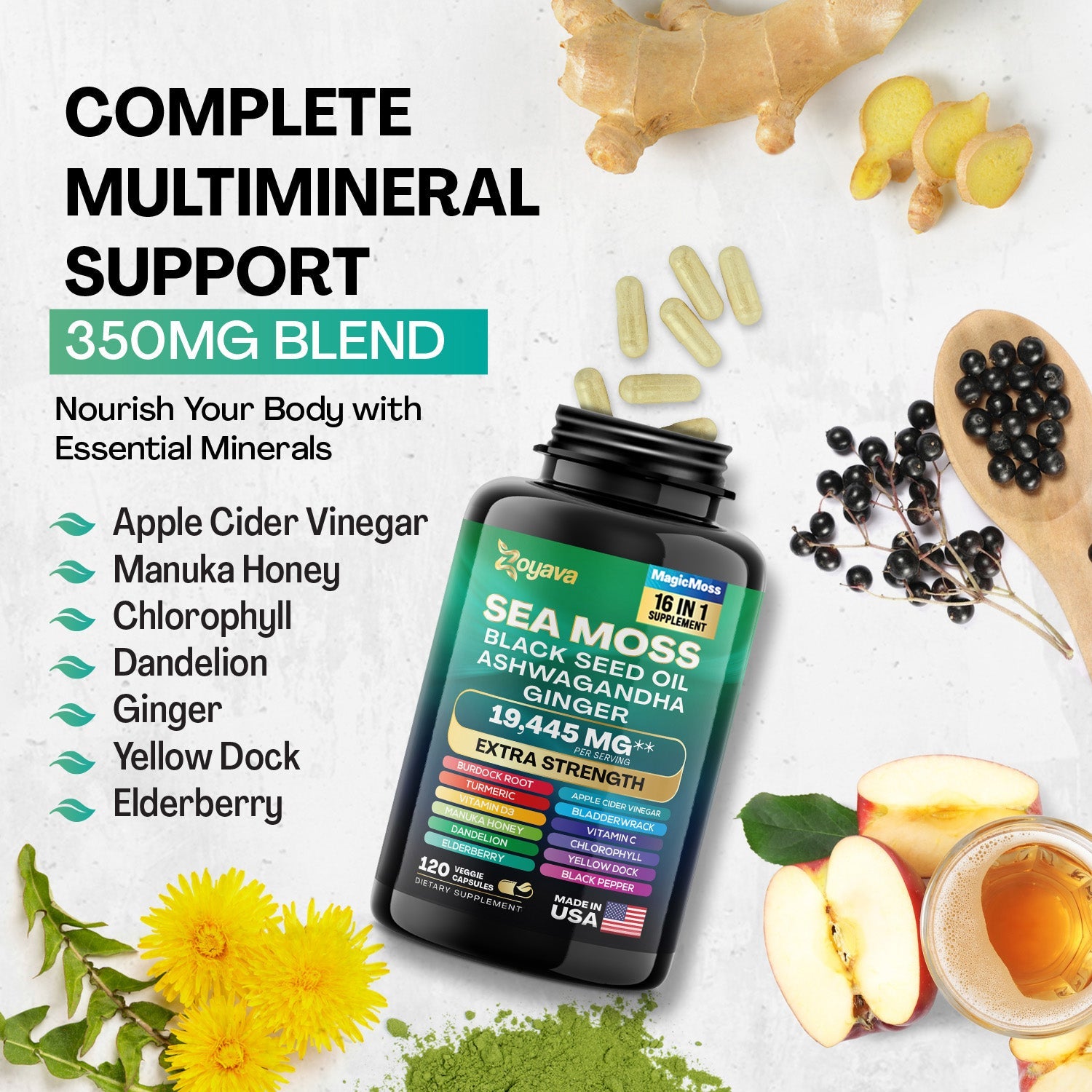 Suplemento Sea Moss 8 em 1 Capslife | Ashwagandha + Black Seed Oil + Gengibre (19445mg)