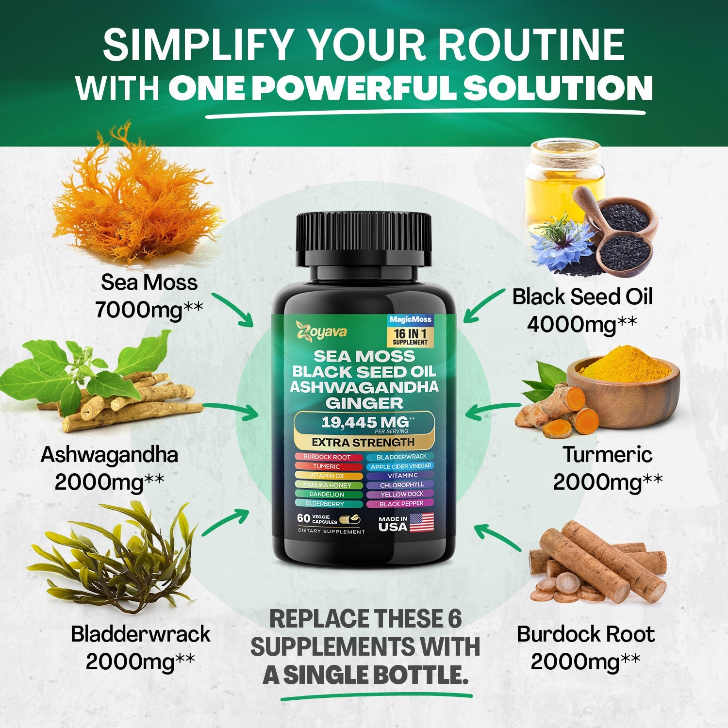 Suplemento Sea Moss 8 em 1 Capslife | Ashwagandha + Black Seed Oil + Gengibre (19445mg)