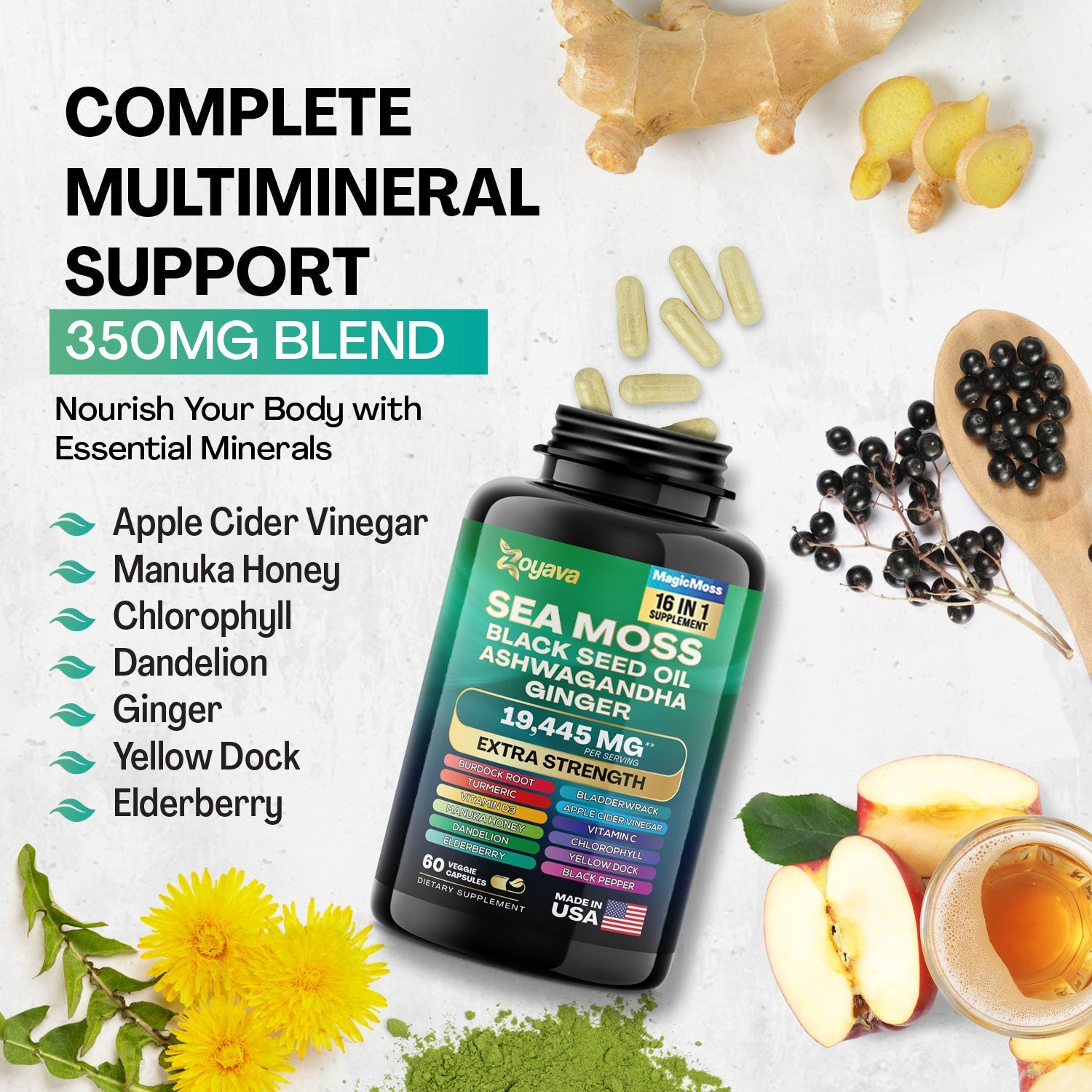 Suplemento Sea Moss 8 em 1 Capslife | Ashwagandha + Black Seed Oil + Gengibre (19445mg)