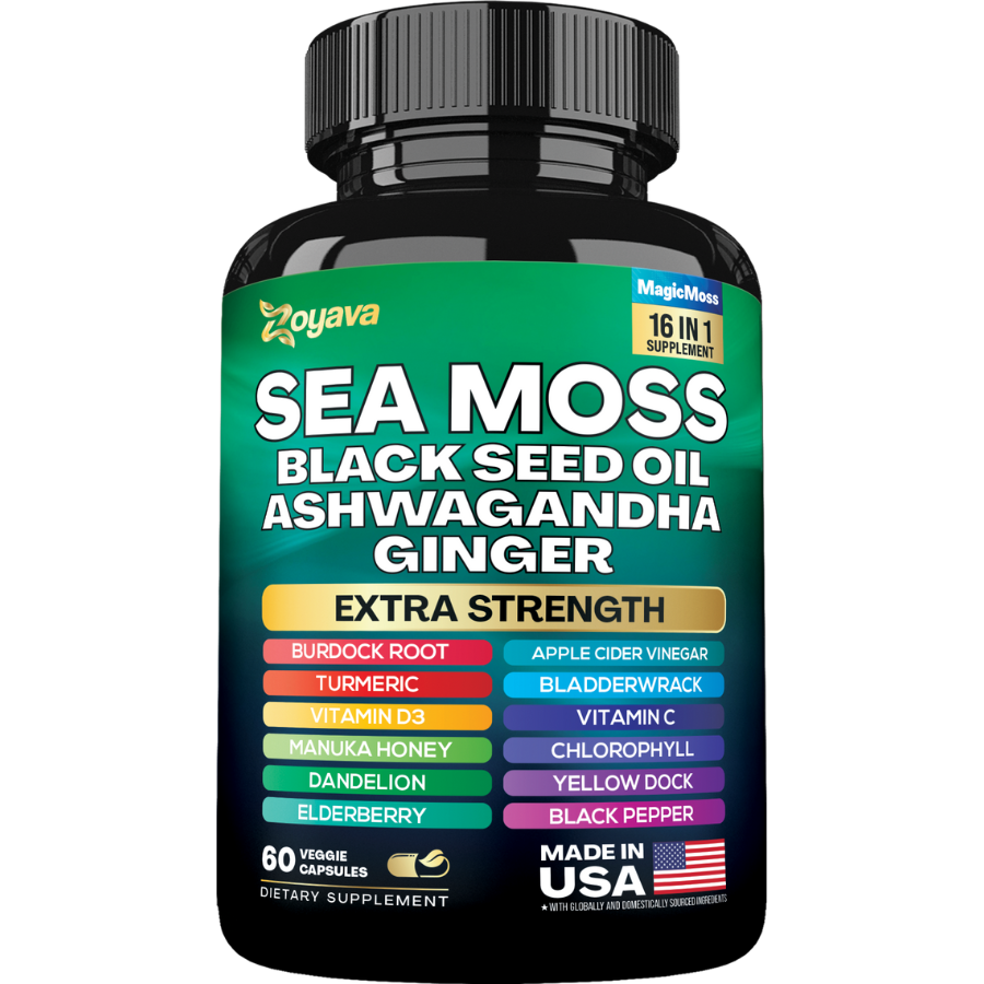 Suplemento Sea Moss 8 em 1 Capslife | Ashwagandha + Black Seed Oil + Gengibre (19445mg)