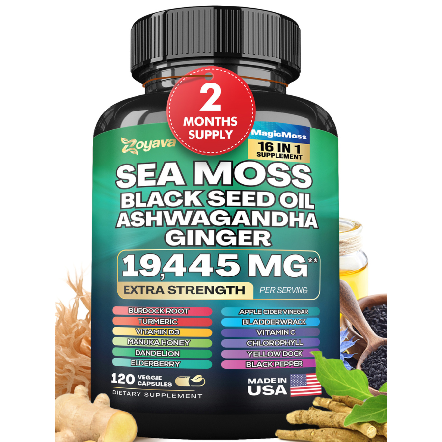 Suplemento Sea Moss 8 em 1 Capslife | Ashwagandha + Black Seed Oil + Gengibre (19445mg)